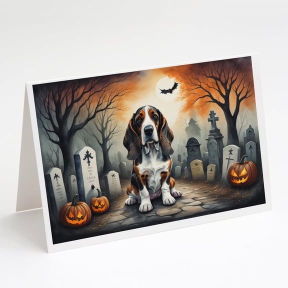 Carolines Treasures DAC2010GCA7P 5 x 7 in. Basset Hound Spooky Halloween Greeting Cards & Envelopes - Pack of 8