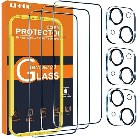 1997 3 Pack Screen Protector for iPhone 15 [6.1 Inch] with 3 Pack Camera Lens Protector, Tempered Glass Film, HD Clear, 9H Hardness, No Bubbles, Case Friendly
