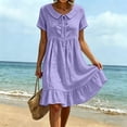 thumbnail image 7 of Ayolanni V Neck Summer Dresses for Women 2026 Solid Short Sleeve A-Line Midi Dress Travel Beach Flowy Cotton Linen Dress Purple M, 7 of 7