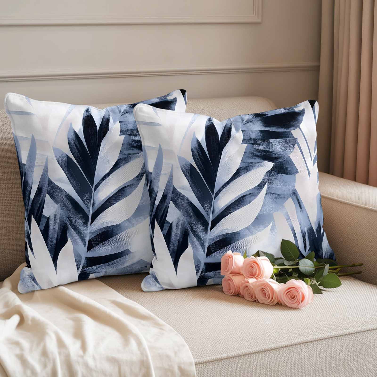 Navy Blue Palm Leaf Outdoor Waterproof Pillow Covers, Botanical Vintage Tropical Leaves Decorative Square Throw Pillowcase Sofa Cushion Sham for Patio/Couch/Chair, 20"x20" 2 Pack