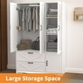 thumbnail image 4 of UZUGUL Farmhouse Armoire Wardrobe Closet with Mirror, 2 Drawers, Hanging Rod, Light, 3 Doors, White, 71.7 inch Height, 4 of 9