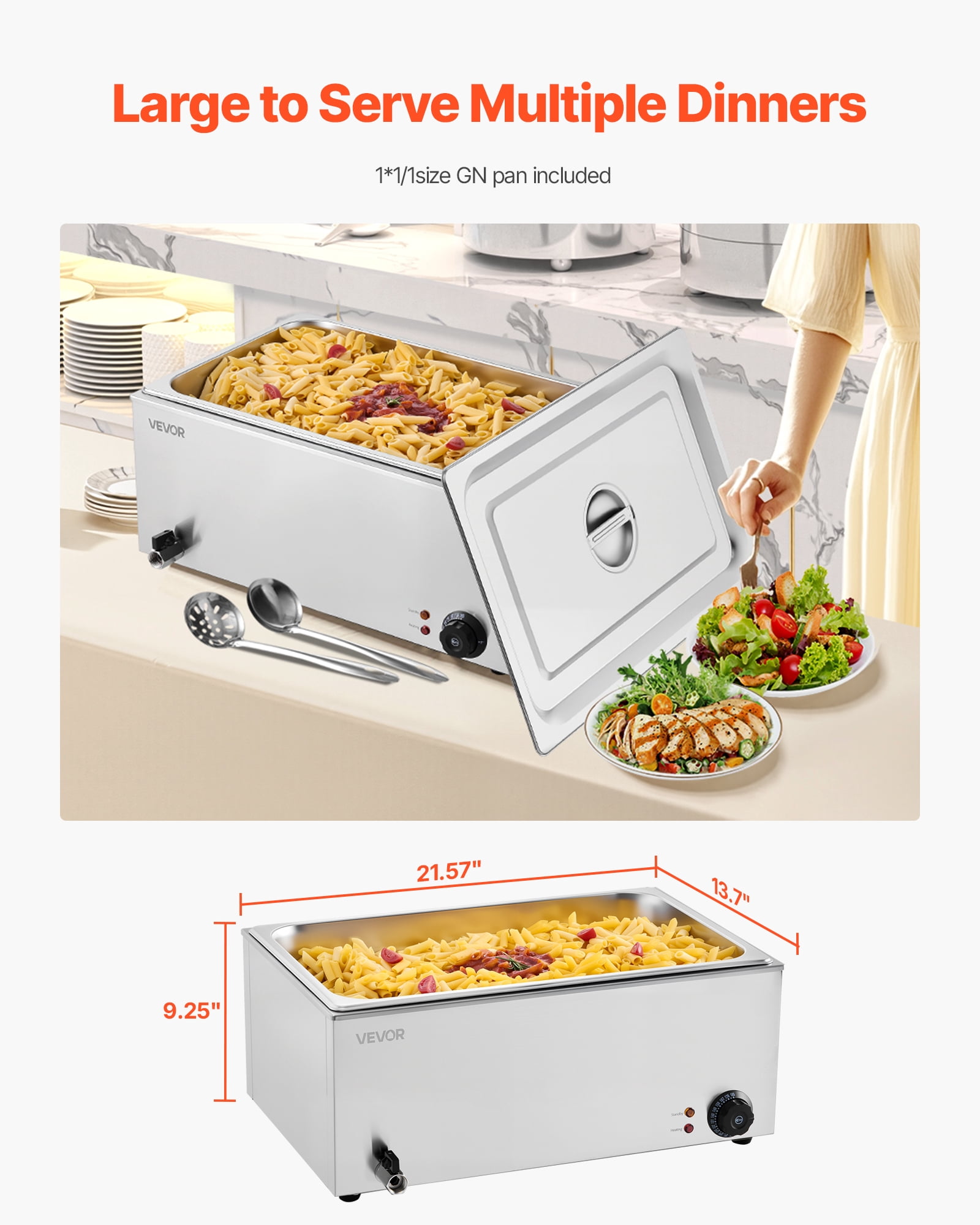 KFFKFF Professional Food Heating Station, 19QT Single Electric Steam Counter, 1200W, Stainless Steel Buffet Server with Temperature Adjustment 86-185°F for Event Catering, Silver