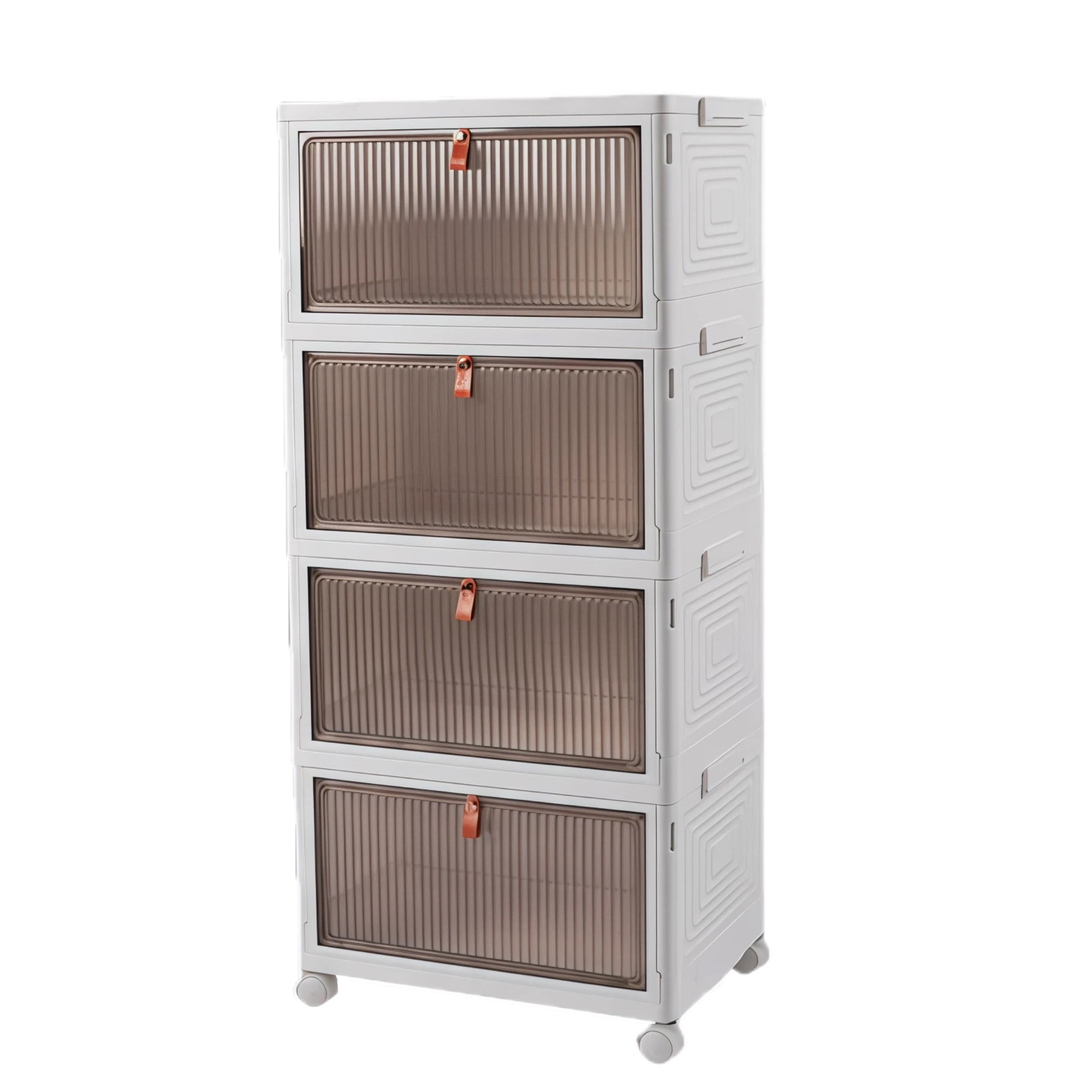 4 Tier Stackable Storage Bins with Lids, 92 QT Foldable Storage Cabinet with Doors and Wheels, Plastic Storages Drawers Closet Organizers for Bedrooms, Living Rooms Dorm, White