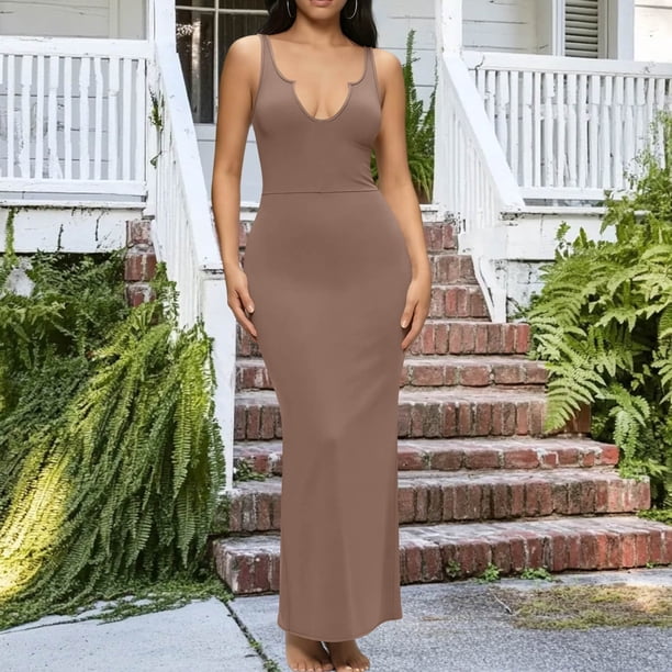 fitted casual maxi dress HBGVBA Women's Casual Maxi Dress,Cami Sleeveless Dresses,Deep V-Neck Slim  Fitted Soft Comfortable Formal Party Wedding Guest Long Maxi Dress