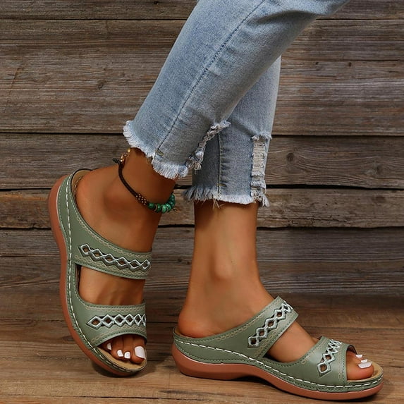 KBODIU Women's Sandals, Women Orthopedic Sandals with Arch Support Fashion Casual Sandals Wedges Outdoor Slippers Summer Beach Sandals Wedge Shoes Green 39