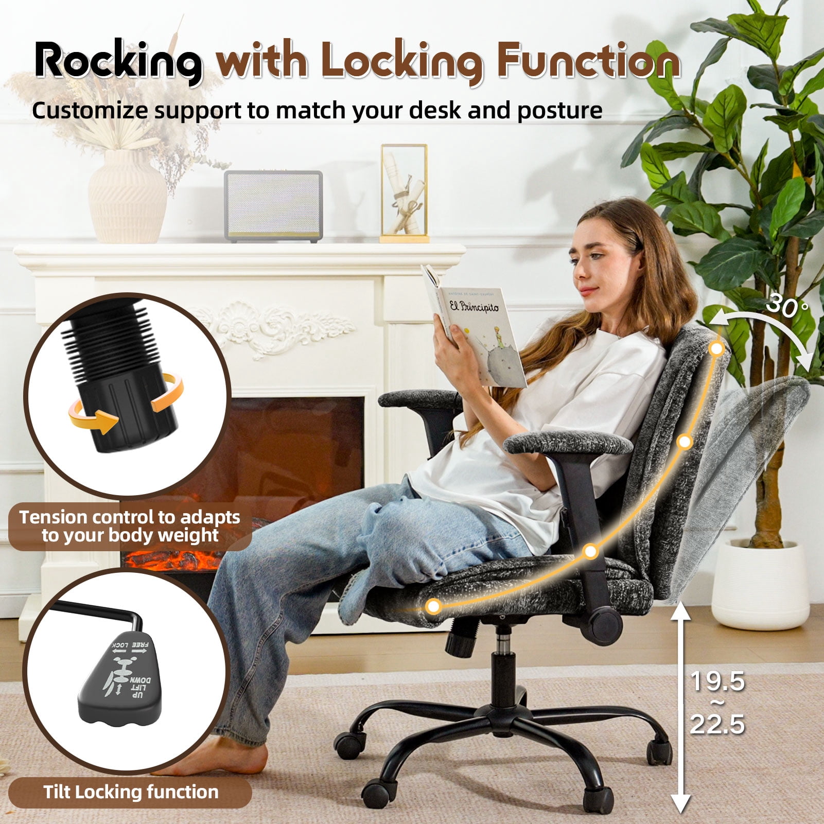 zzw Chenille Home Office Criss Cross Chair with Flip Arms, Lumbar Support and Wheels, Black