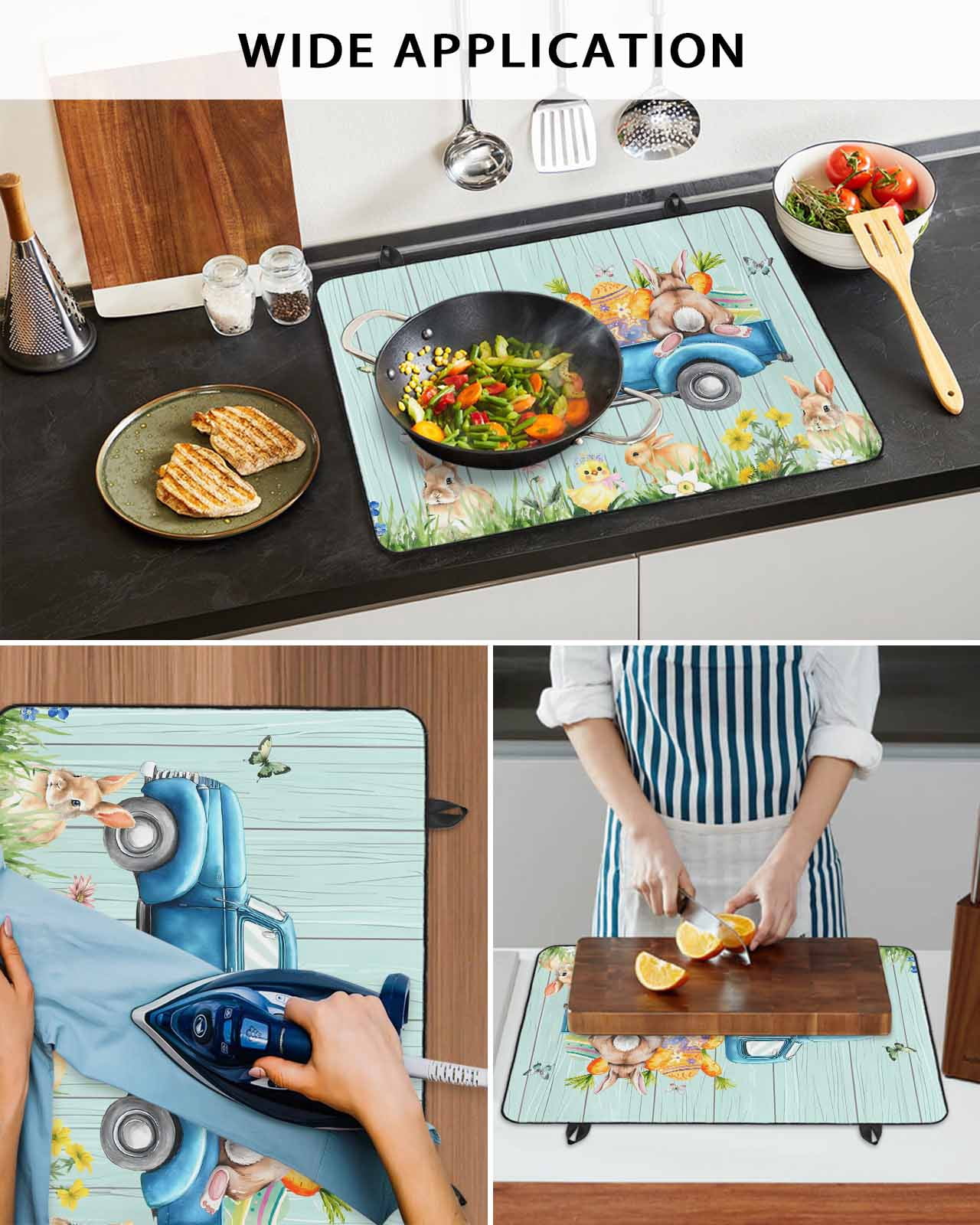 Large Induction Cooktop Protector Mat Easter Bunny Stove Top Covers for Electric Stove, Spring Watercolor Truck Wooden Grain Teal Decorative Stove Burner Cover Mats, Glass Top Stove Cover