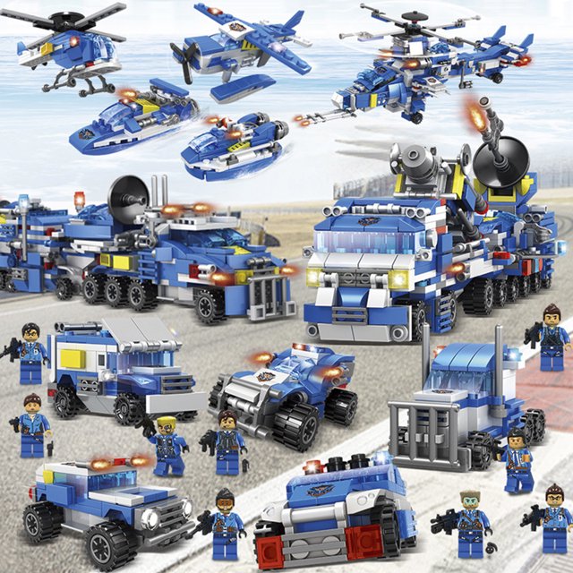 Juego de bloques de construcción de estación de policía de la ciudad, juguete de construcción de centro de comando móvil con coche de policía, helicóptero, barco, el mejor juego de roles de aprendizaj Muyoka Hogar