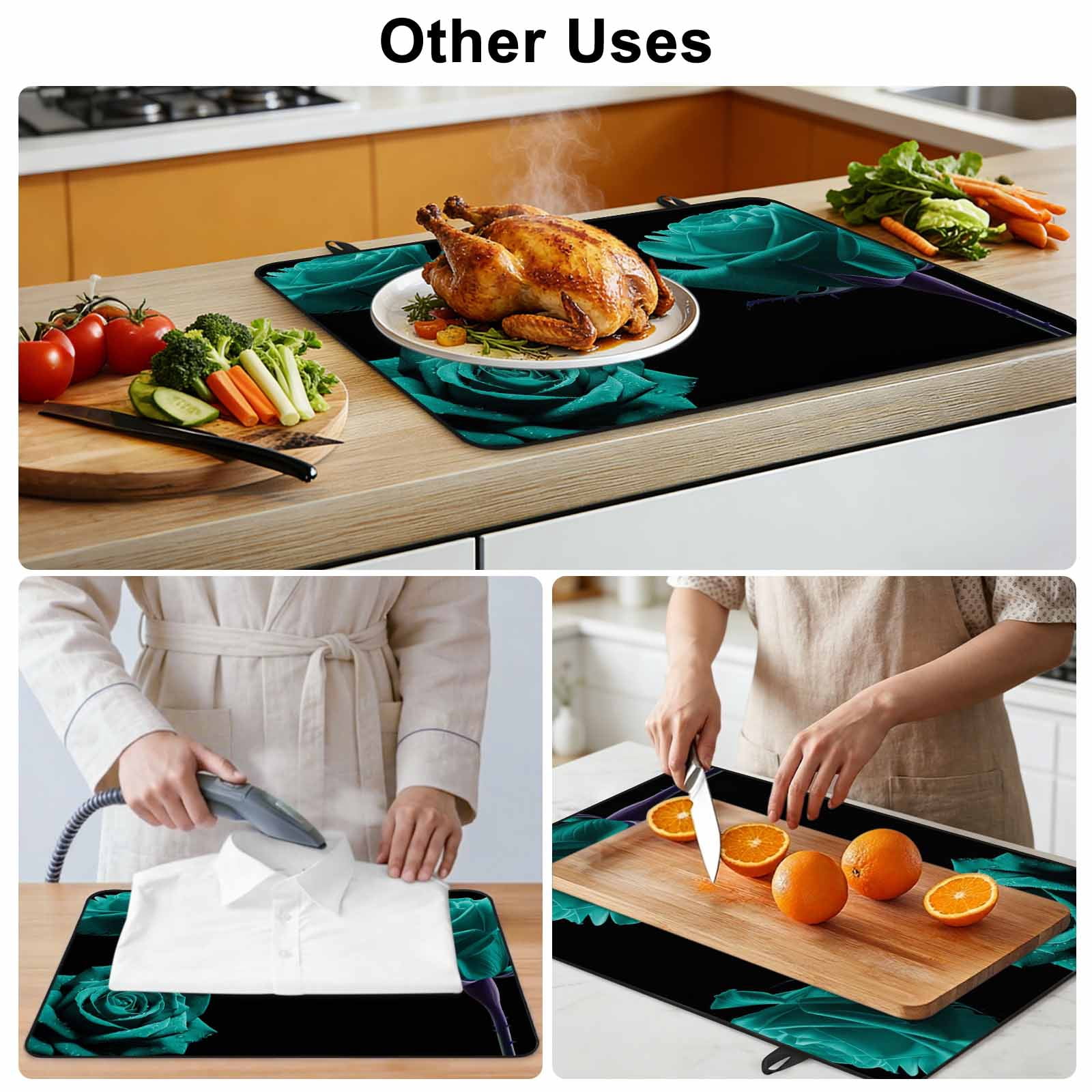 Teal Blue Rose Stove Top Cover for Electric Stove, Heat-proof & Non Slip Glass Top Stove Cover Protector, Vintage Abstract Garden Flower Floral Black Kitchen Flat Cooktop Rubber Mat 31x24 Inches