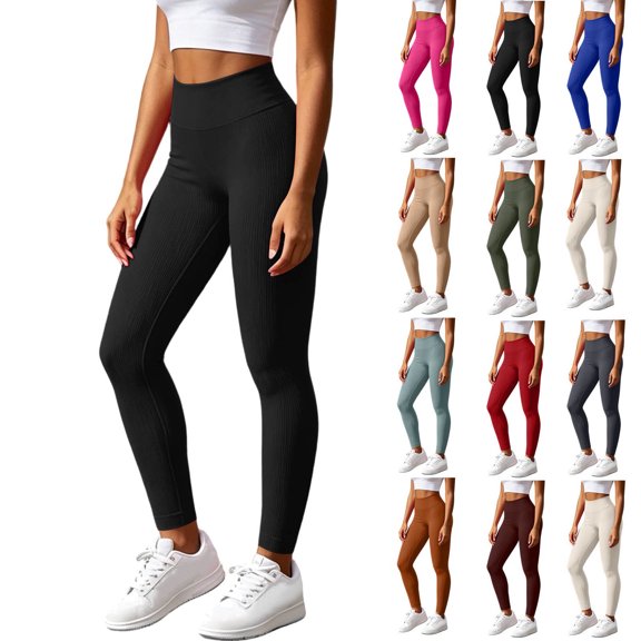 Purcolt Women's High Waisted Seamless Leggings Ribbed Full Length Yoga Pants with Wide Waistband for Gym, Running, Strength Training, Pilates and Everyday Wear