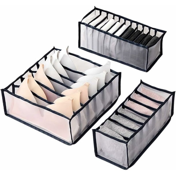 Caja de almacenamiento de ropa interior, organizadores de cajones de ropa interior plegables de tres piezas, organizador de cajones para ropa interior, sujetador, bragas, calcetines (negro)