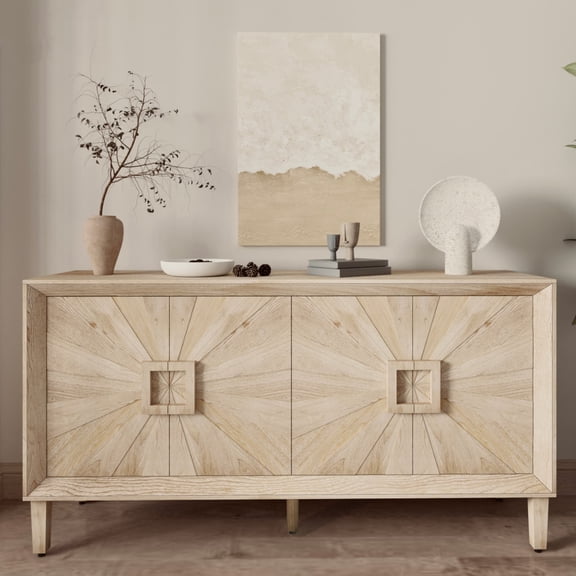 Rustic TV Stand for 65-in TV, Farmhouse Credenza w/ Sunburst Doors & Adjustable Shelves, Entertainment Center, Antique Antique Natural