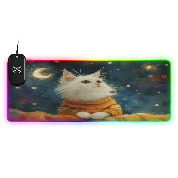 Wireless Charging Mouse Pad Large RGB Gaming Desk Mat 13 Light Modes Mousepad 31.5x11.8 Lovely Cat and Moon Star