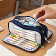 thumbnail image 2 of Large Capacity Pencil Case 3 Compartment Pouch Pen Bag Navy, 2 of 2