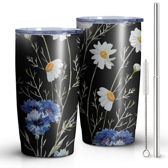 Daisy Flowers Gobelet Noir 20oz en Acier Inoxydable Double Paroi Isolée sous Vide Tasse de Voyage pour Femme Maman Fille Sœur Ami Collègue, Pailles et Brosse en Métal