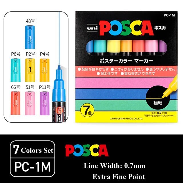 Marcador de pintura acrílica Posca, PC-5M/3M/1M/8K/17K, 7/8/15/24/29/48 colores, juego completo para pintar, marcar, dibujar y anotar, PC-1M, 7 colores