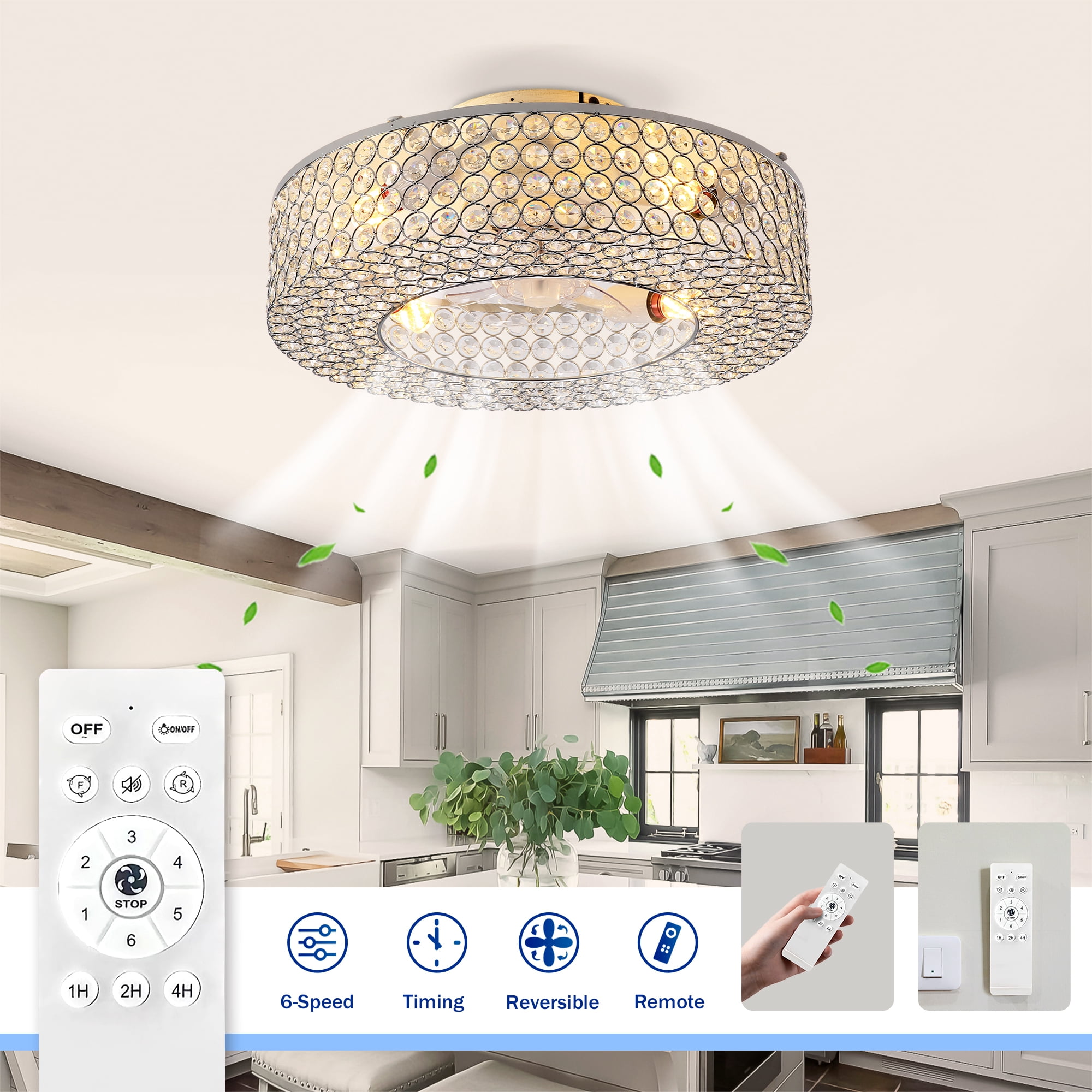 Leumius 19.6" Crystal Ceiling Fans with Light and Remote Control, Chandelier Fan 6 Speed DC Motor Reversible Ceiling Fan for Living Room Bedroom (NOT Included Bulbs)