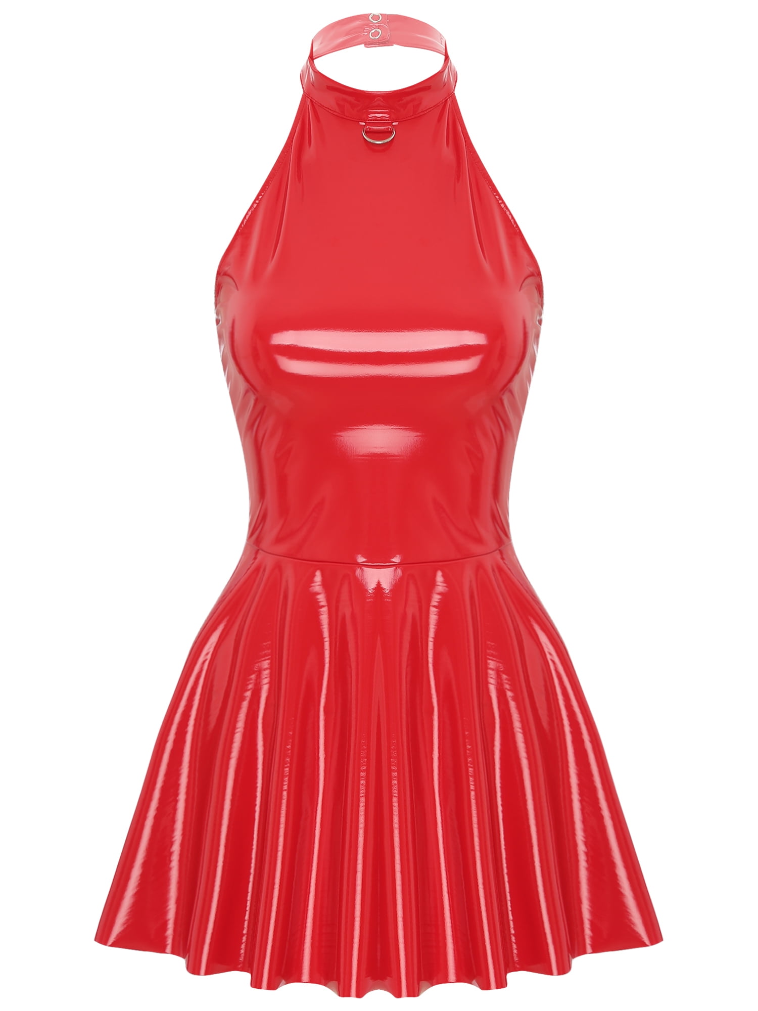 TiaoBug Womens Wet Look Patent Leather Dress Sleeveless Halter A-line  Cocktail Club Mini Dress Red M - Walmart.com