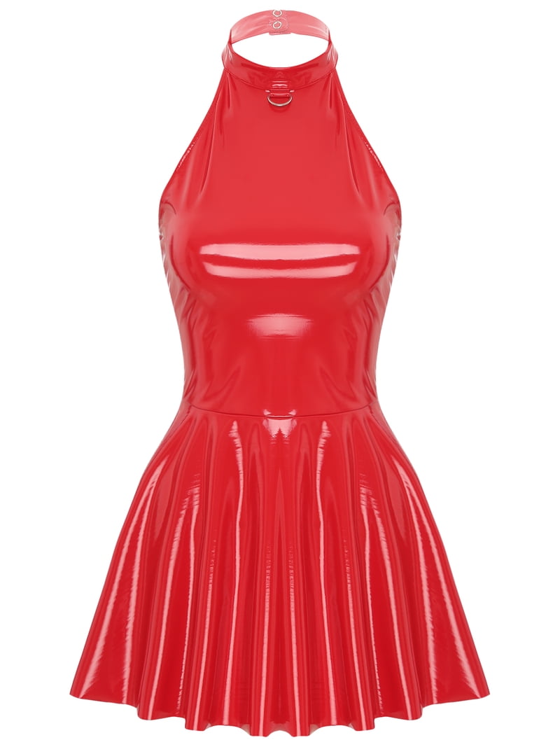 TiaoBug Womens Wet Look Patent Leather Dress Sleeveless Halter A-line Cocktail Club Mini Dress Red 3XL