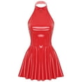 thumbnail image 3 of TiaoBug Womens Wet Look Patent Leather Dress Sleeveless Halter A-line Cocktail Club Mini Dress Red 4XL, 3 of 7