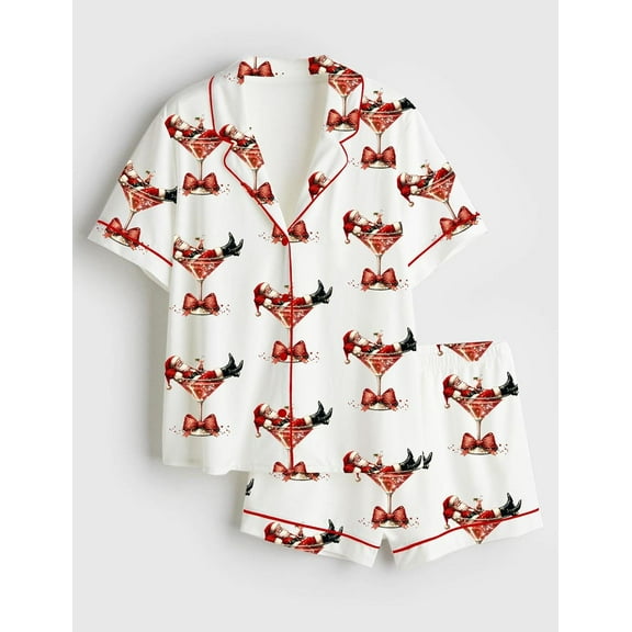 Women’s Santa Martini Printed Pajama Set | Short & Long Pants Options | Short Sleeve Sleepwear
