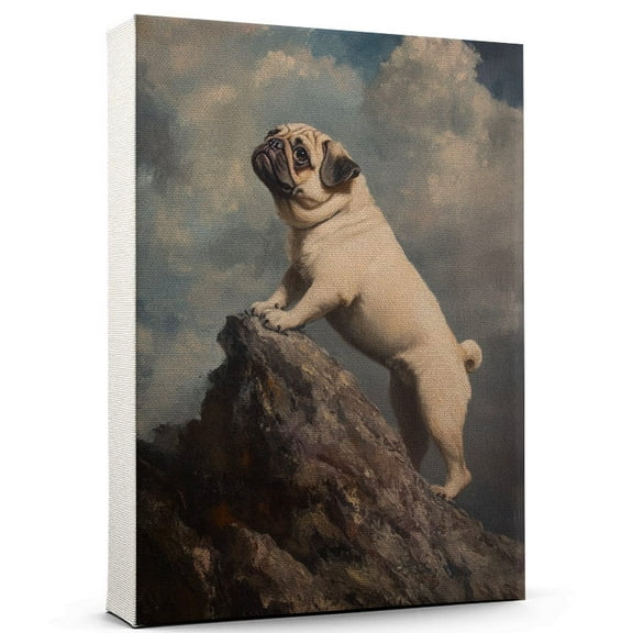 Pug Cute Dog Climbing Canvas Canvas – Retro Pug Dog Batter in Action With Climbing for Themed Living Room, Pet Shop Decor