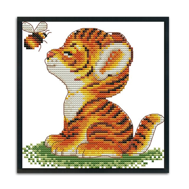 Cuadros Decorativos DIY costura 11CT arte estampado lienzo Kit punto de cruz (pequeño tigre) Likrtyny embutido en tela