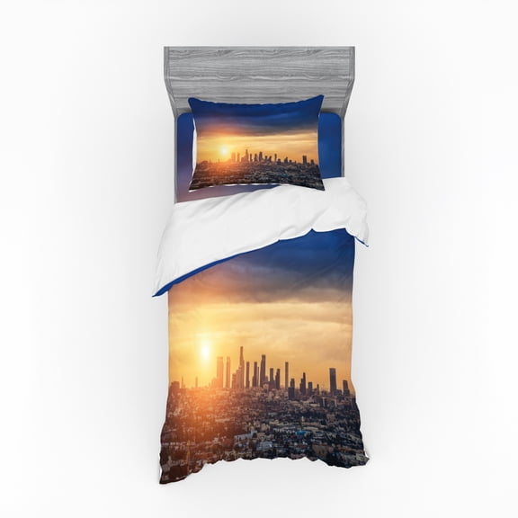 Ambesonne City Bedding Set 3 Pcs, Sunrise at Los Angeles, Twin, Navy Blue Apricot Ivory