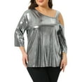 thumbnail image 4 of Agnes Orinda Women's Plus Size Metallic Tops Glitter Sparkle One Shoulder 3/4 Sleeve Shiny Party Tee Blouse 4X Silver, 4 of 6