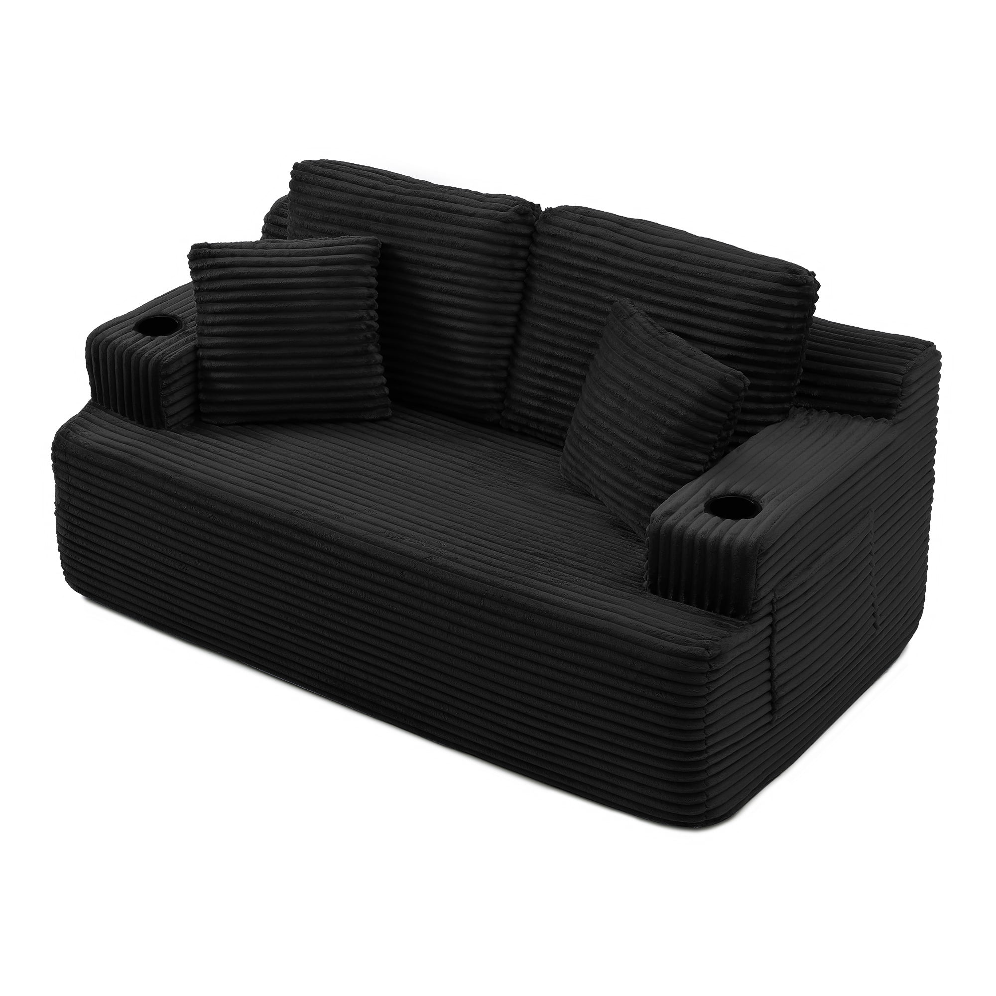 Boneless Loveseat, 2-Seater Floor Couch with Cup Holders and Side Pockets, Corduroy Fabric No Assembly Sofa for Small Space or Apartment, 66.5 Inch, Black