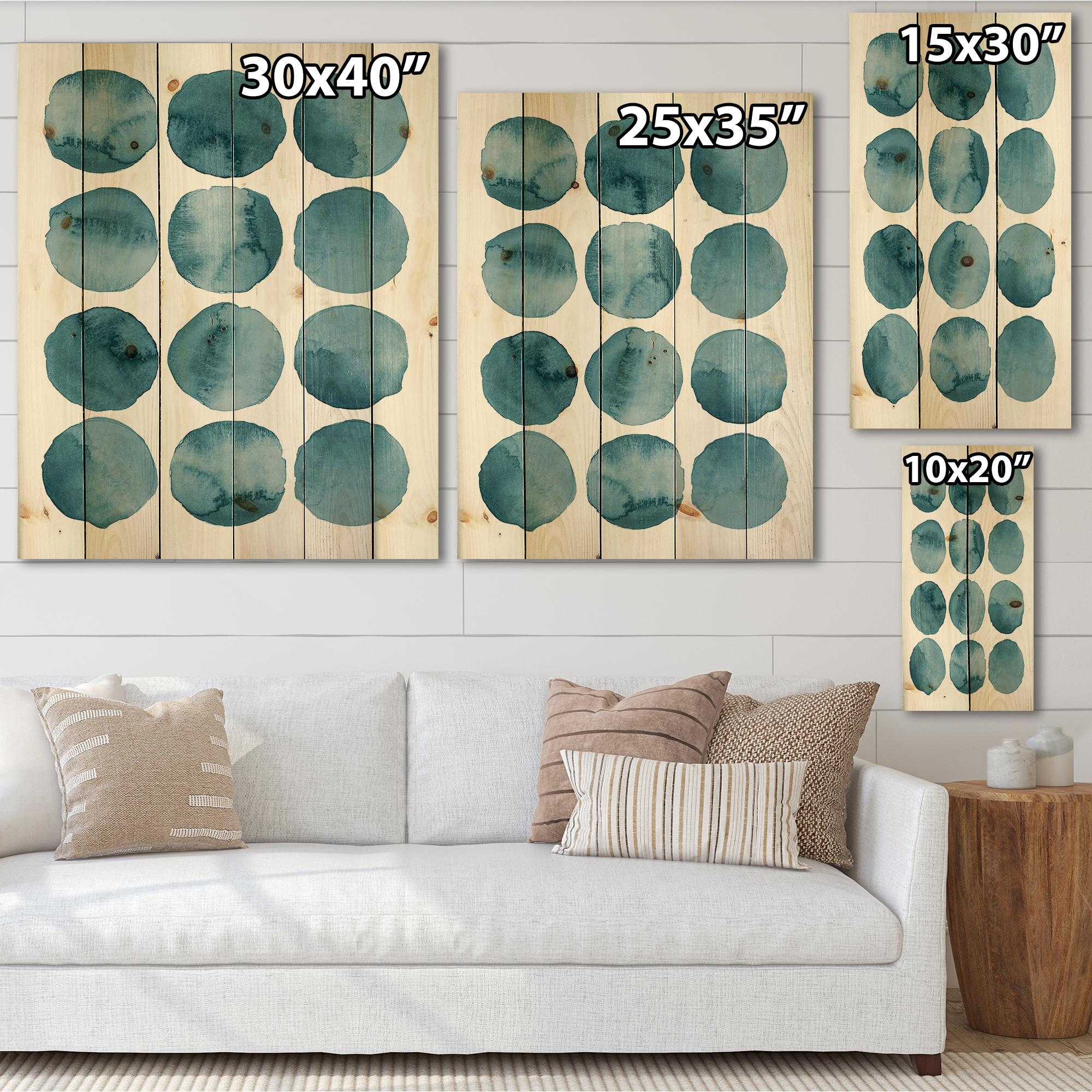 Designart 'Blue Aquamarine Circles Geometric Elements' Modern Print on Natural Pine Wood
