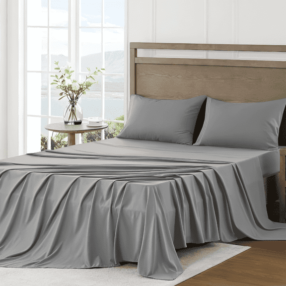 4 Piece Bed Sheet Set, Full Size Upgraded Cooling Deep Pocket Comfy Breathable Hotel Luxury Bedding, Extra Soft Wrinkle Free Sheets Cover, Sheets up to 16 inch, Light Grey