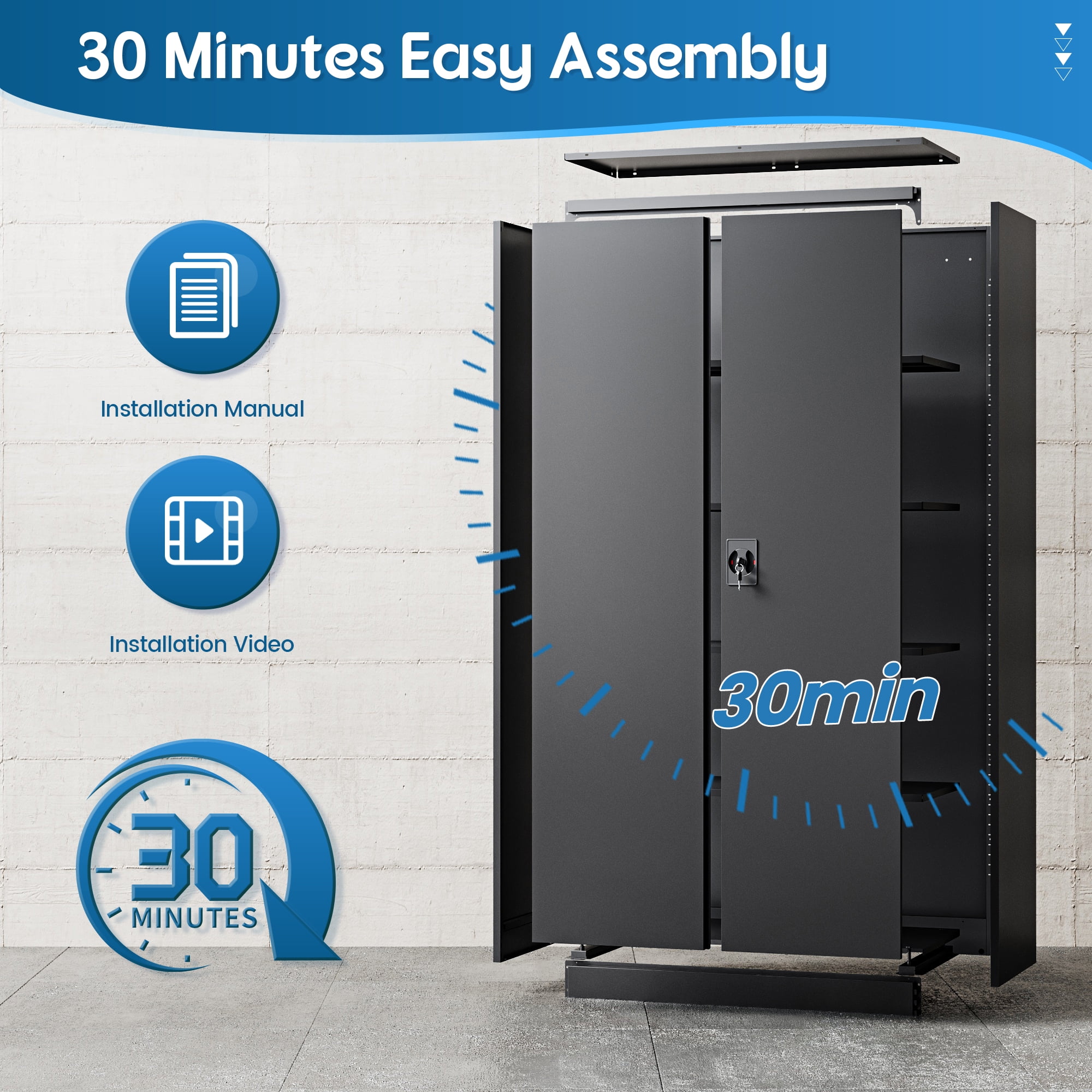 Fesbos Metal Storage Cabinet with Locking Doors, Black Garage Lockable Steel Cabinets with 2 Doors and 4 Shelves for Home, Garage, Pantry Workshop Warehouse