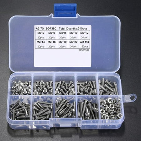 

340 Pcs Stainless Steel Socket Button Head Screws Assortment Kit Hex Nut