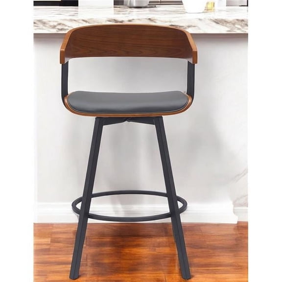 HomeRoots 534451 27 in. Gray & Black Faux Leather with Metal Swivel Counter Height Bar Chair