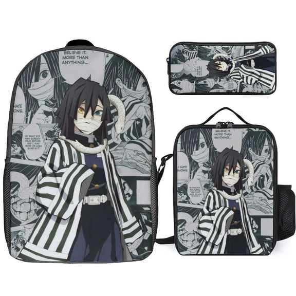 3 Piece Casual Shoulder Bag, Demon Slayer Iguro Obanai Backpack Set Travel Knapsack with Lunch Box Pencil Case