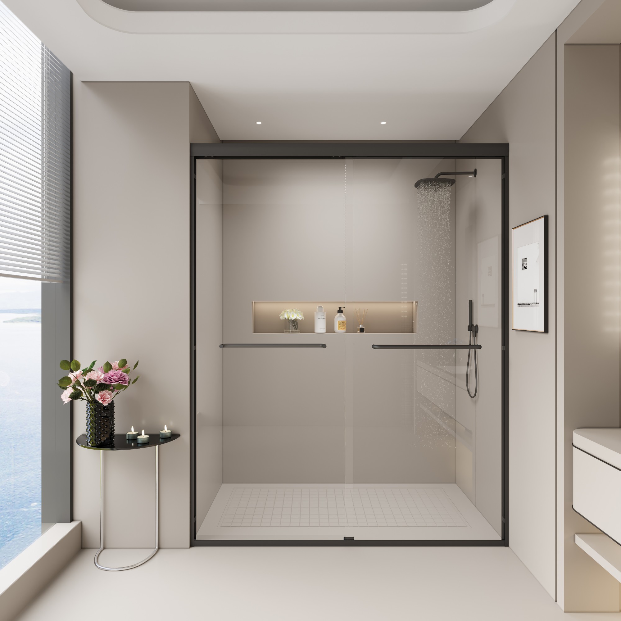 Aukfa Shower Doors, 56 - 60" W x 72" H Sliding Glass Shower Door, Matte Black Aluminum Frame, 1/4'' (6mm) High-Strength Tempered Glass for Walk-in Showers