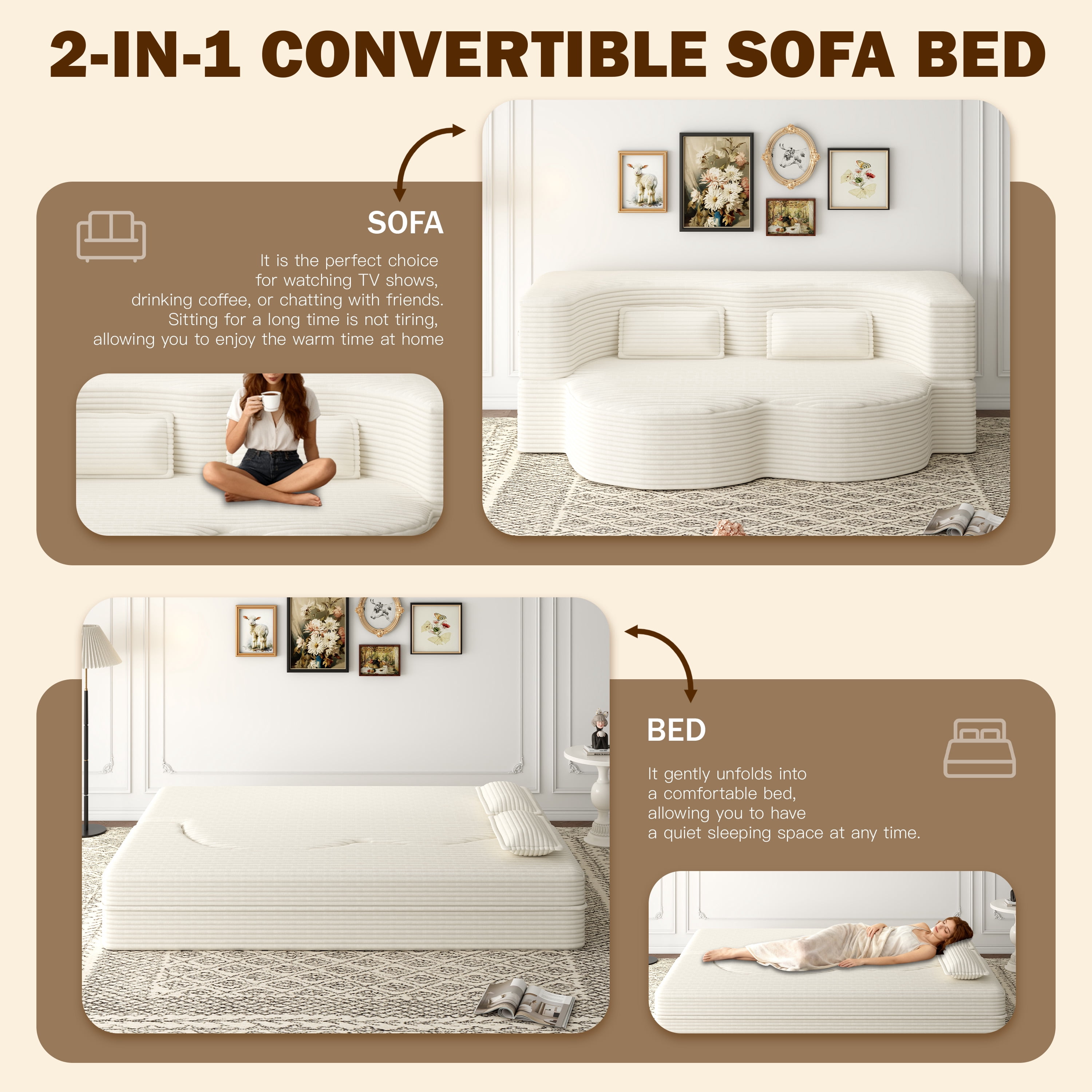 MAYEERTY Vacuum Compressed Corduroy Foldable Foam Sofa Bed, Full Size Zero Assembly Floor Sleeper with 2 Pillows