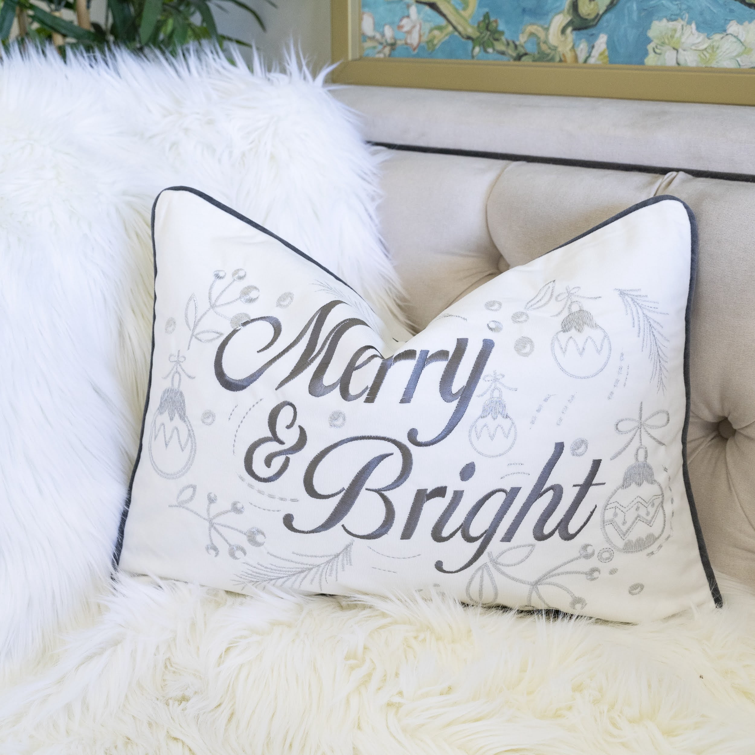 Merry Bright Gray Embroidered Graphic Polyester 14 in. x 20 in. Decorative Throw Pillow
