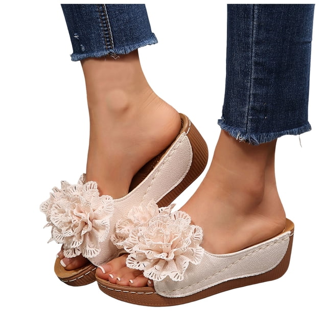 Womens Floral Summer Platform Beach Sandals Wedge Open Toe Slides Open Toe Wide Width Non Slip Dressy Slippers Blue Size 8