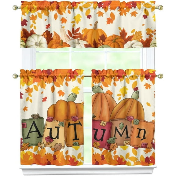 Fall Kitchen Curtains Autumn Pumpkin Curtain for Dining Room Tier Curtains Farmhouse Decor Rod Pocket Window Drapes Set of 3 Curtains for Kitchen Decor