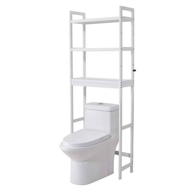Over the Toilet Storage, 3-Tier Adjustable Over Toilet Bathroom Organizer, Bamboo Storage Shelf Rack with 3 Hooks, Freestanding Easy Assembly Laundry Space Saver, Fit Most Toilets, White