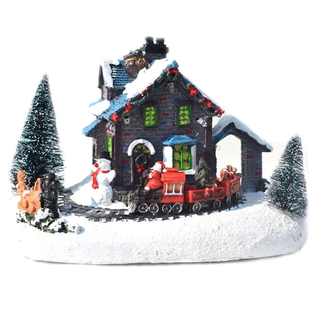 Navidad Nieve Casa Tren Figurine Luminoso Pueblo Jardín Decoración Regalo Sunnimix Casa de miniaturas de resina