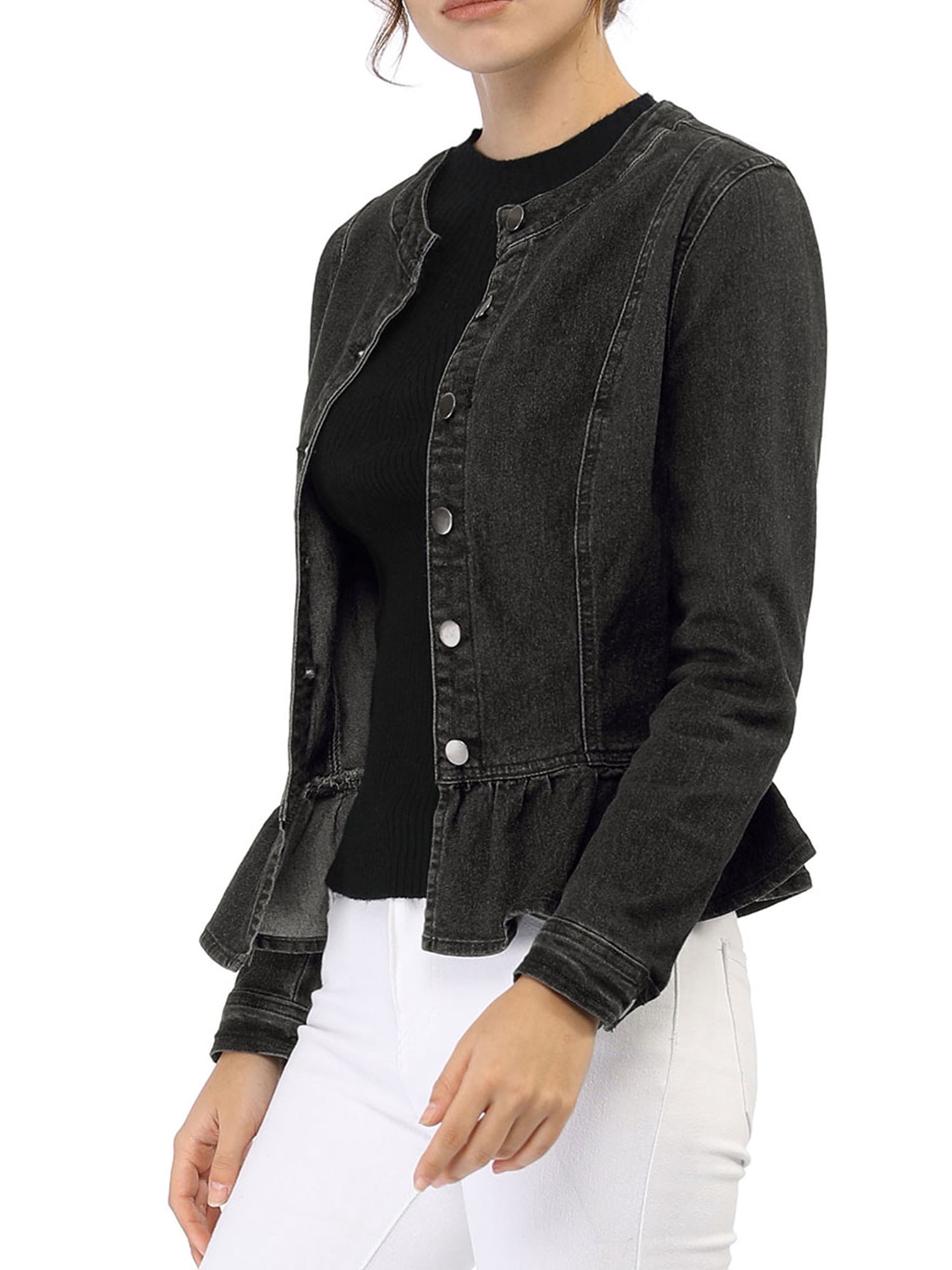 DARING DIVA Women's Button Down Cropped Ruffle Hem Denim Jacket S Black