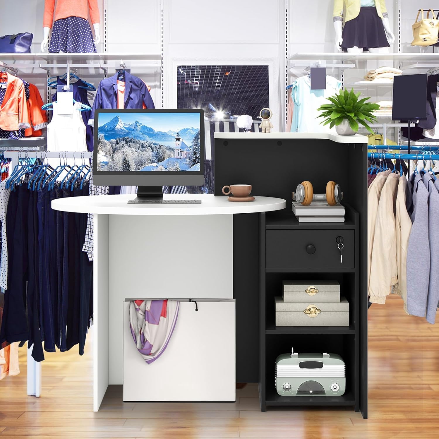 Reception Desk, Small Retail Checkout Counter with Lockable Drawer and Open Shelves, Wooden Front Desk Reception Counter, Oval Desktop & L Counter for Store Office Lobby Salon (Black)