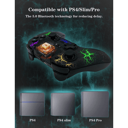UHM Wireless Controller for P4, Wireless Remote Gamepad with Unique Cracked Design/8 Adjustable LED Colors/Programmable Back Buttons/Super Turbo/Gyro/Dual Vibration for P4/P3/PC,Black