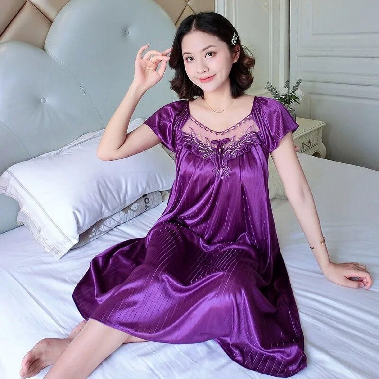 Oversize Female Satin Nightgown Ladies Nightdress Short Sleeve Night Dress  Women Nighties Sleepwear Nightwear Loungewear Pajama Dark Purple XL -  Walmart.ca