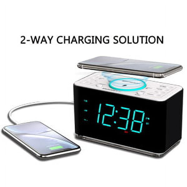 Emerson SMARTSET® 15W Wireless Ultra Fast Charging Dual Alarm Radio with Bluetooth Speaker, USB Charger, Night Light  and 1.4” Cyan LED Display ER100401