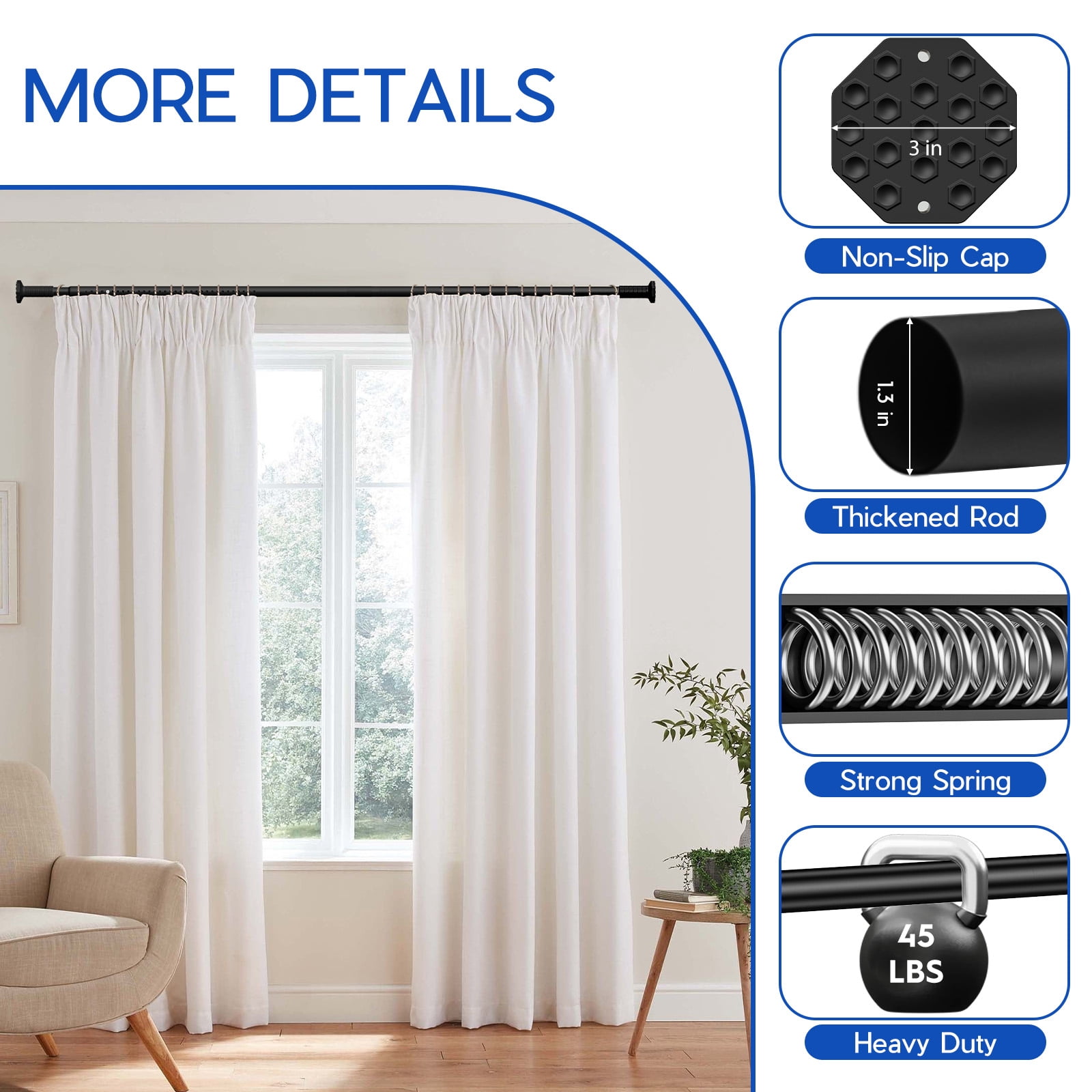 GIRACOA 2-in-1 Adjustable Curtain Rod, No Drill Tension & Screw Mount, Octagon Anti-Slip Base, Holds 40 lbs, Rust-Resistant for Bathroom Bedroom Living Room Patio (51-109 Inch, Black)