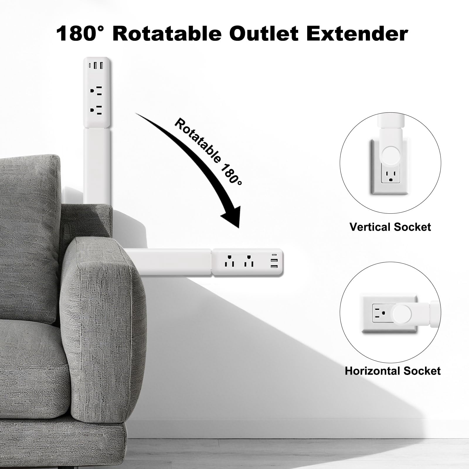 Electrical Outlet Extender Stick With Telescopic 22"-34" Extension & 180° Swivel  2 Ac Outlets 3 Usb Ports (1 Usb-c/2 Usb-a) For Hard-to-reach Behind Furniture Bed Desk Sofa Nightstands
